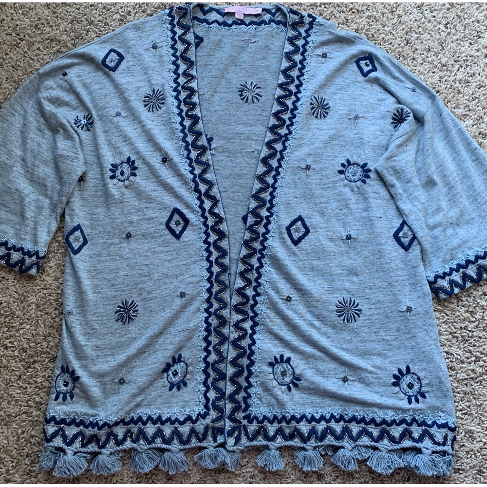 Calypso St. Barth Beaded Embroidered Linen Blend  Kimono Cardigan Finge Trim XS